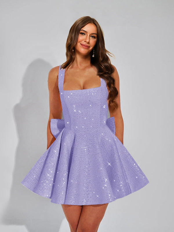 A-Line Square Neck Sequin Short Homecoming Dresses with Bow