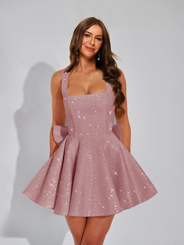 A-Line Square Neck Sequin Short Homecoming Dresses with Bow