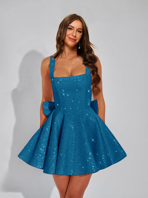 A-Line Square Neck Sequin Short Homecoming Dresses with Bow
