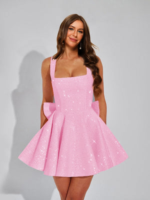 A-Line Square Neck Sequin Short Homecoming Dresses with Bow