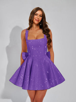 A-Line Square Neck Sequin Short Homecoming Dresses with Bow