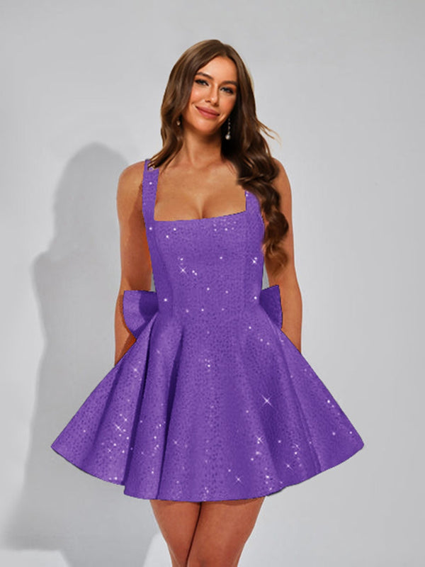 A-Line Square Neck Sequin Short Homecoming Dresses with Bow
