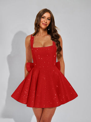 A-Line Square Neck Sequin Short Homecoming Dresses with Bow