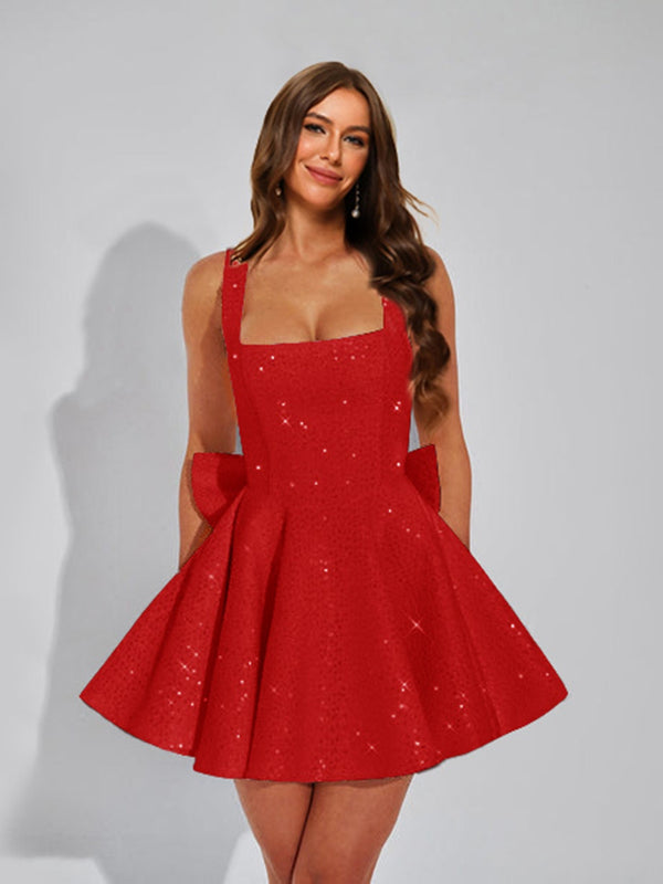 A-Line Square Neck Sequin Short Homecoming Dresses with Bow