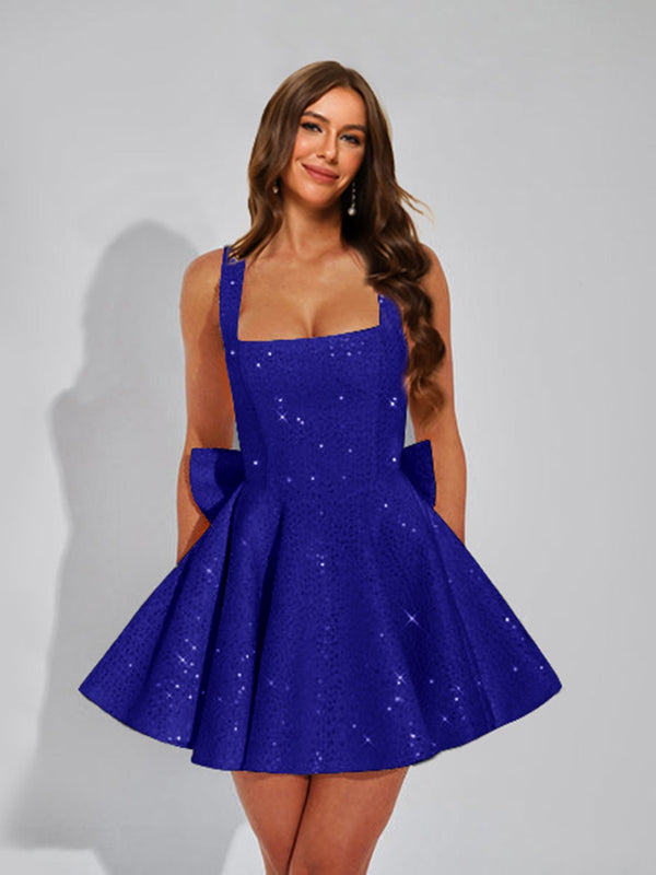 A-Line Square Neck Sequin Short Homecoming Dresses with Bow