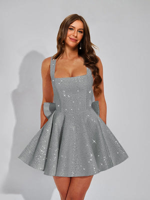 A-Line Square Neck Sequin Short Homecoming Dresses with Bow