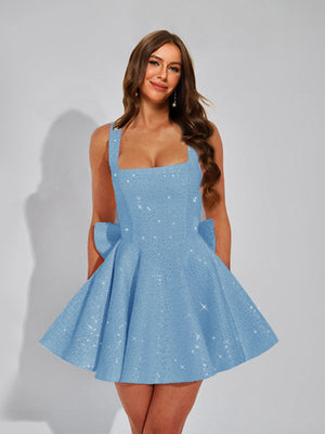 A-Line Square Neck Sequin Short Homecoming Dresses with Bow
