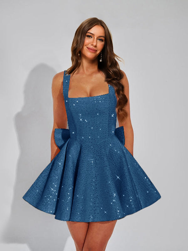 A-Line Square Neck Sequin Short Homecoming Dresses with Bow