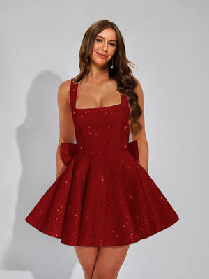 A-Line Square Neck Sequin Short Homecoming Dresses with Bow