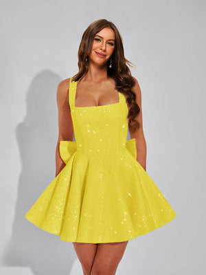 A-Line Square Neck Sequin Short Homecoming Dresses with Bow
