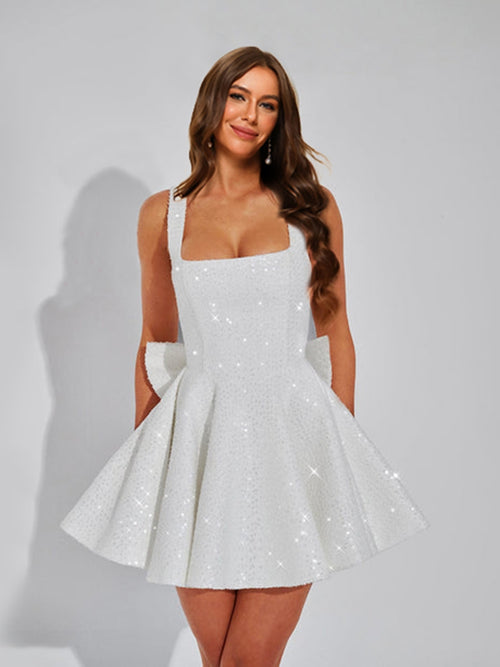 A-Line Square Neck Sequin Short Homecoming Dresses with Bow
