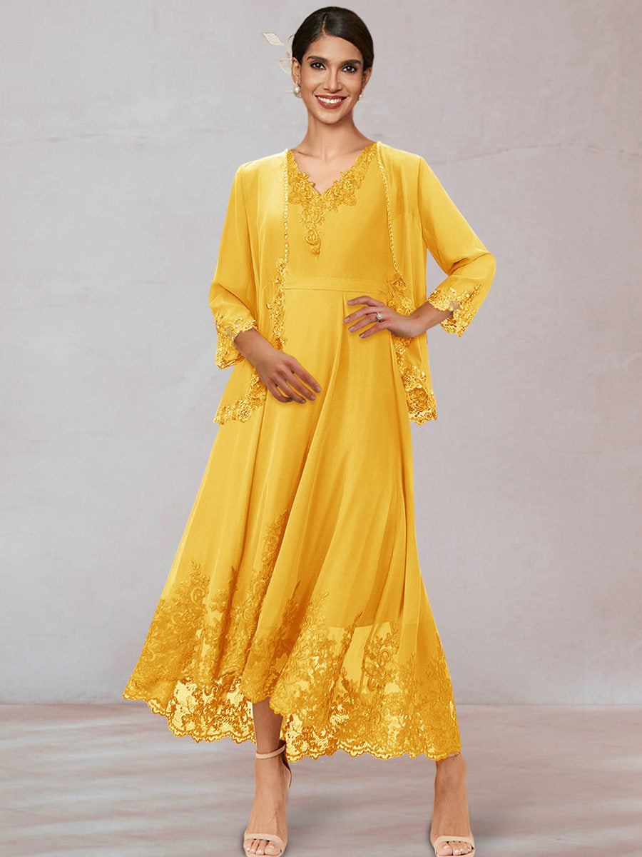 Chiffon V-Neck 3/4 Sleeves Mother of the Bride Dresses With Appliques