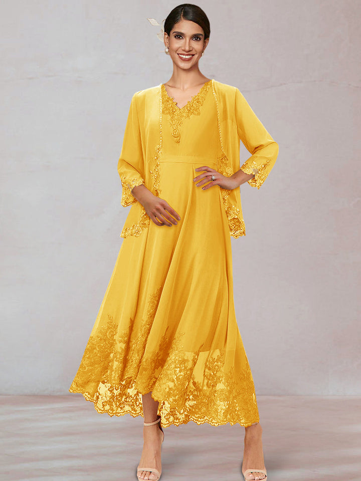 Chiffon V-Neck 3/4 Sleeves Mother of the Bride Dresses With Appliques