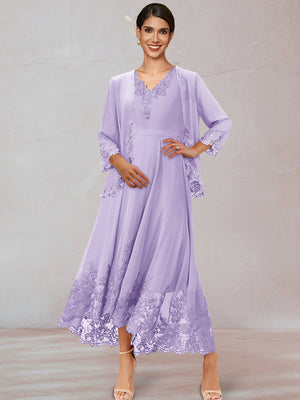 Chiffon V-Neck 3/4 Sleeves Mother of the Bride Dresses With Appliques