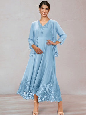 Chiffon V-Neck 3/4 Sleeves Mother of the Bride Dresses With Appliques