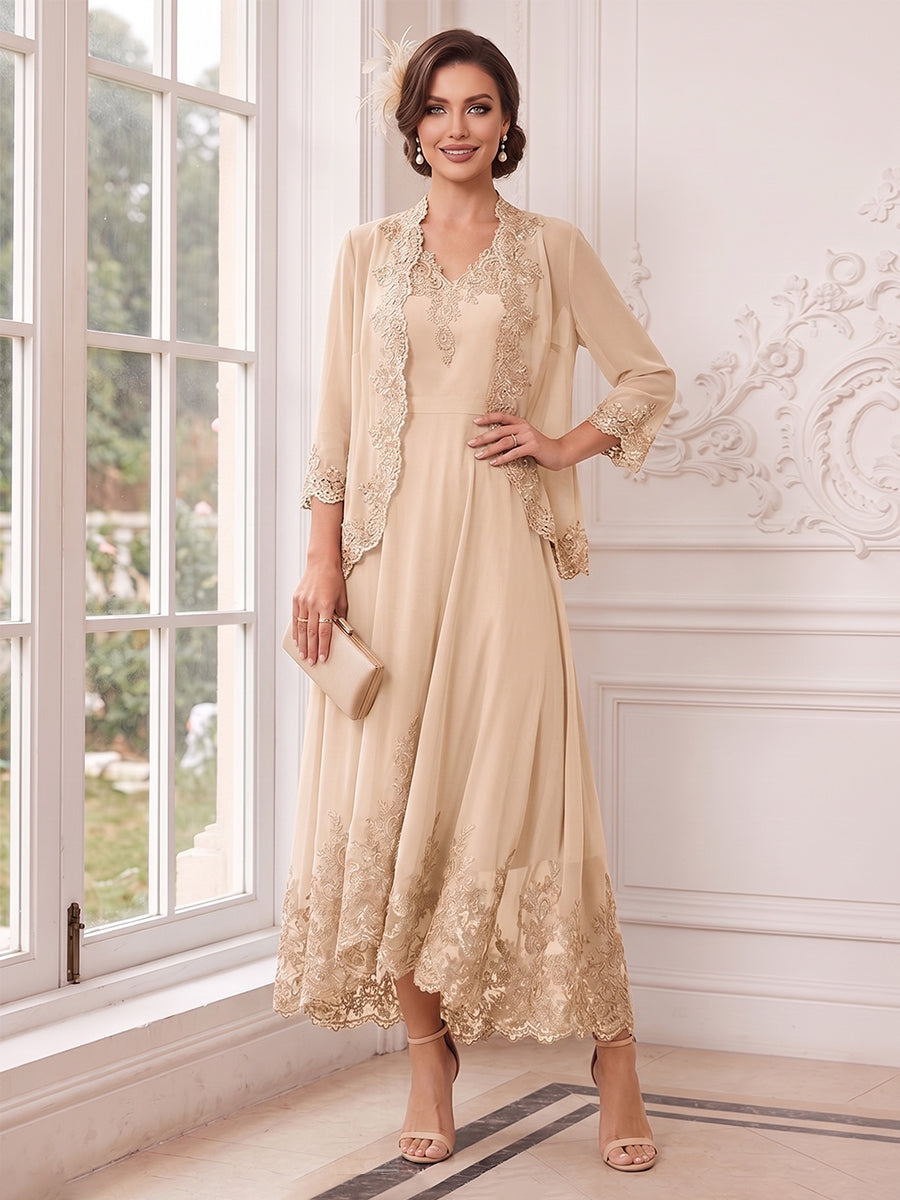 Lavetir Mother of the Bride Dresses Silver Chiffon V-Neck 3/4 Sleeves Ankle-Length Long Evening Dress With Appliques 2026