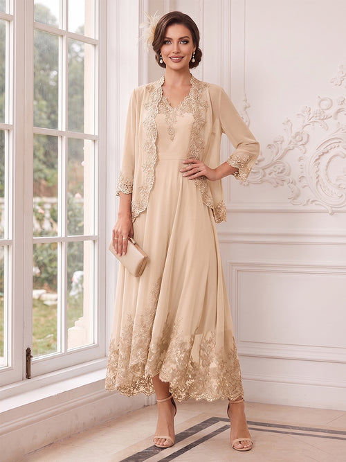 A-Line/Princess V-Neck 3/4 Sleeves Ankle-Length Mother of the Bride Dresses with Jacket & Applique