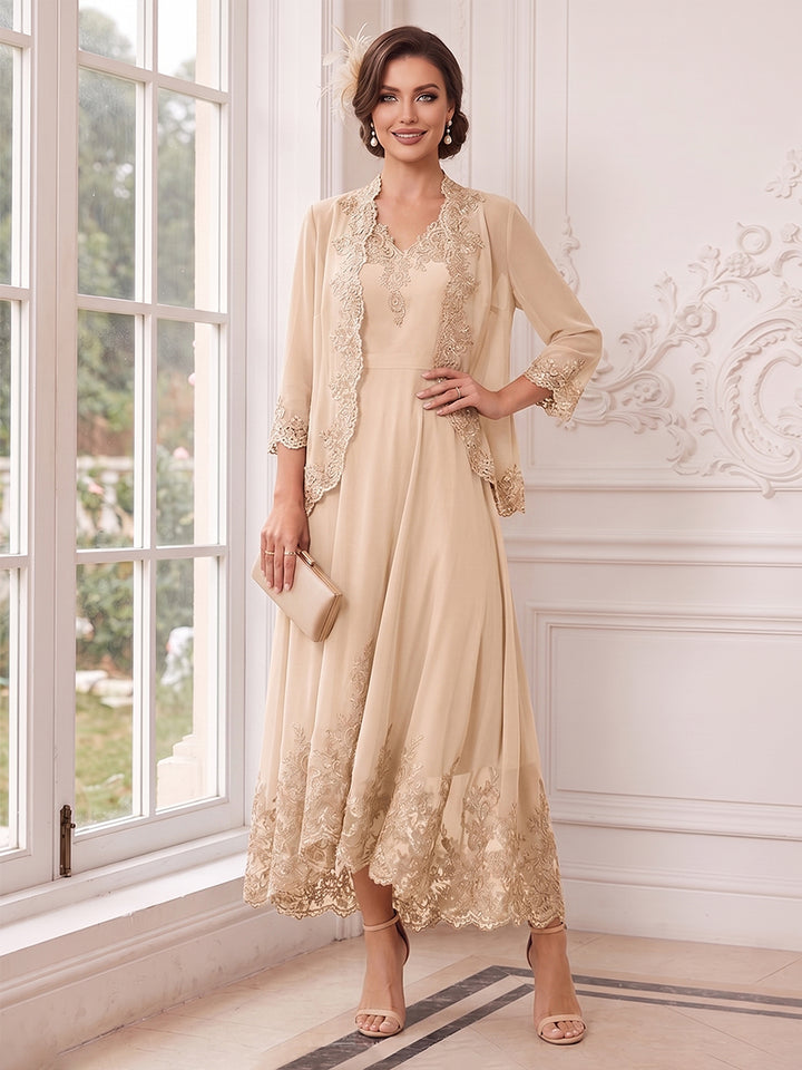 A-Line/Princess V-Neck 3/4 Sleeves Ankle-Length Mother of the Bride Dresses with Jacket &amp; Applique