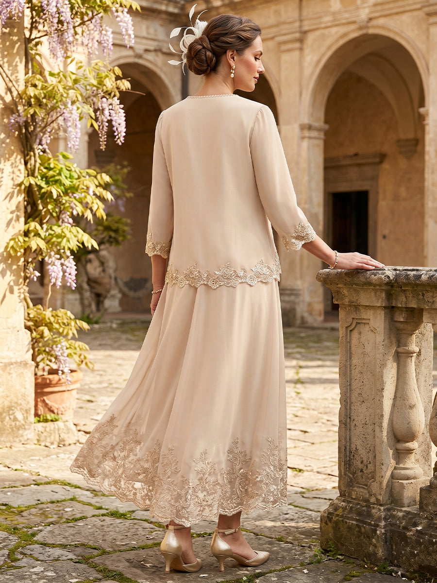 A-Line/Princess V-Neck 3/4 Sleeves Ankle-Length Mother of the Bride Dresses with Jacket &amp; Applique