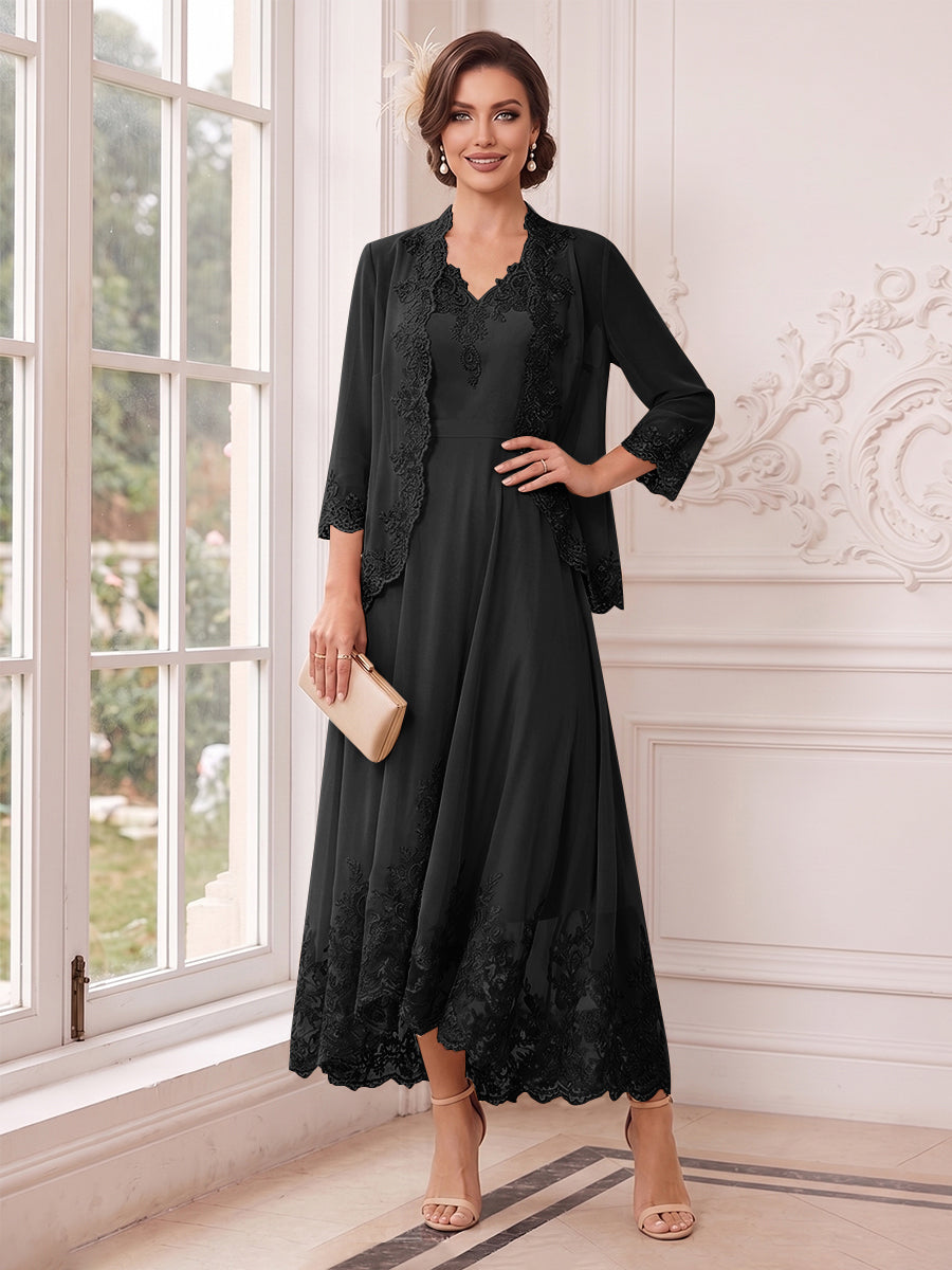 A-Line/Princess V-Neck 3/4 Sleeves Ankle-Length Mother of the Bride Dresses with Jacket & Applique