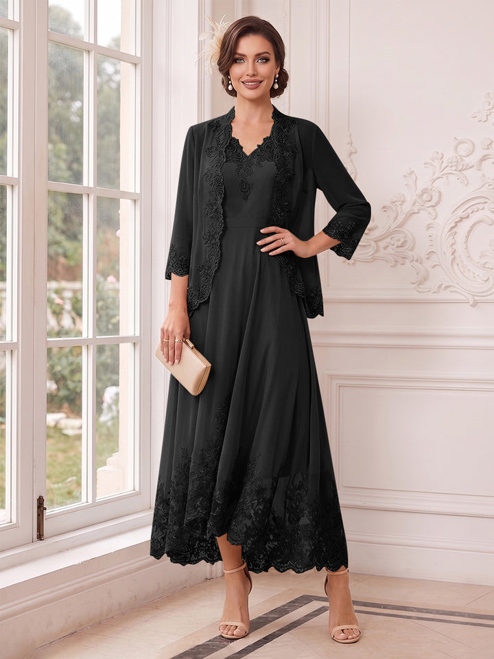 A-Line/Princess V-Neck 3/4 Sleeves Ankle-Length Mother of the Bride Dresses with Jacket &amp; Applique