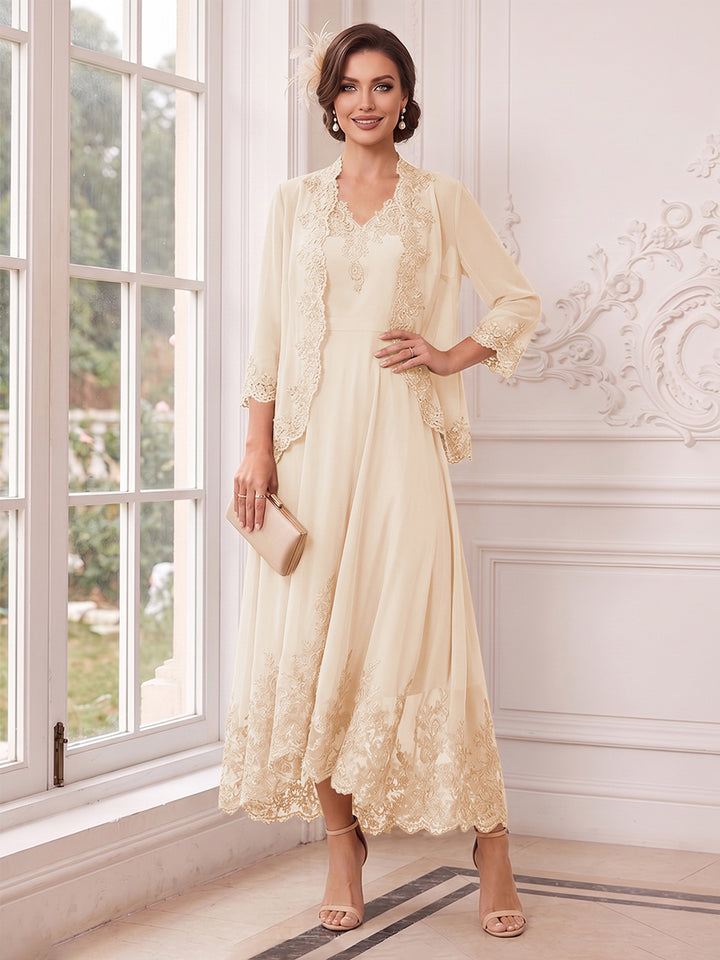 A-Line/Princess V-Neck 3/4 Sleeves Ankle-Length Mother of the Bride Dresses with Jacket &amp; Applique