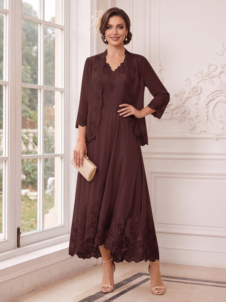A-Line/Princess V-Neck 3/4 Sleeves Ankle-Length Mother of the Bride Dresses with Jacket &amp; Applique