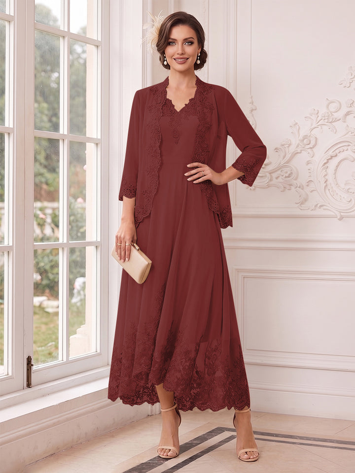 A-Line/Princess V-Neck 3/4 Sleeves Ankle-Length Mother of the Bride Dresses with Jacket &amp; Applique