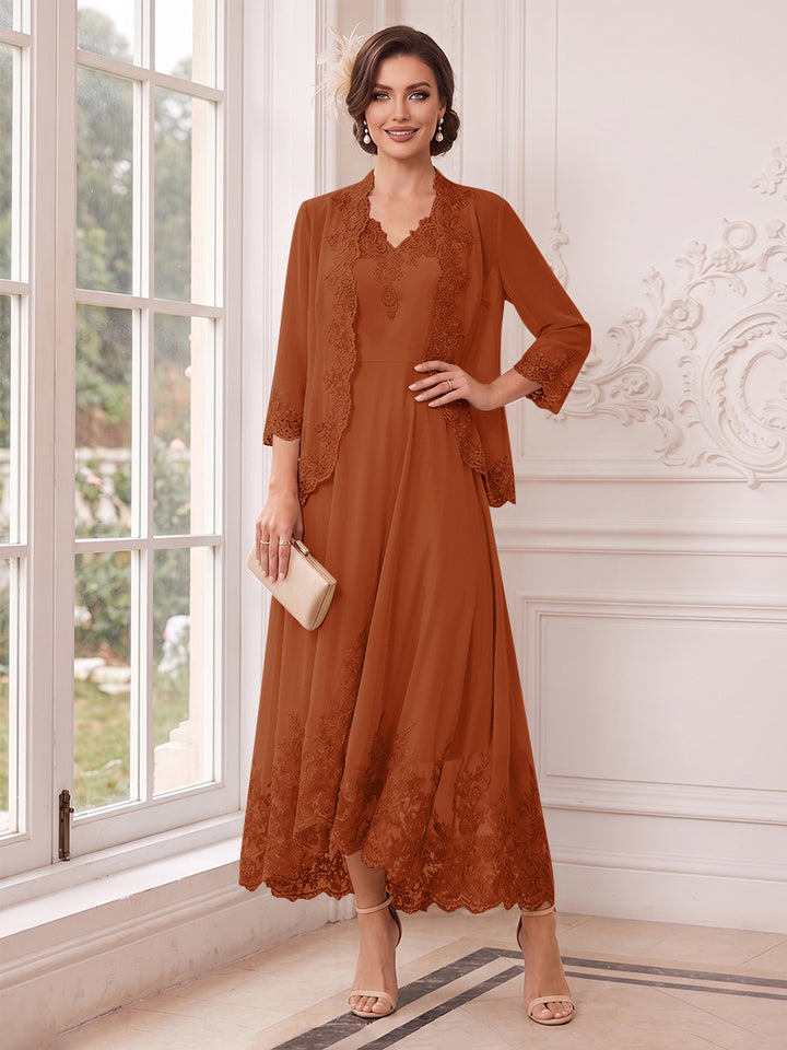 A-Line/Princess V-Neck 3/4 Sleeves Ankle-Length Mother of the Bride Dresses with Jacket &amp; Applique