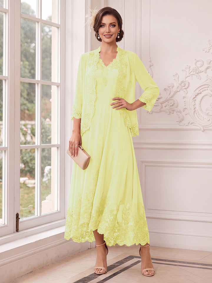 A-Line/Princess V-Neck 3/4 Sleeves Ankle-Length Mother of the Bride Dresses with Jacket &amp; Applique