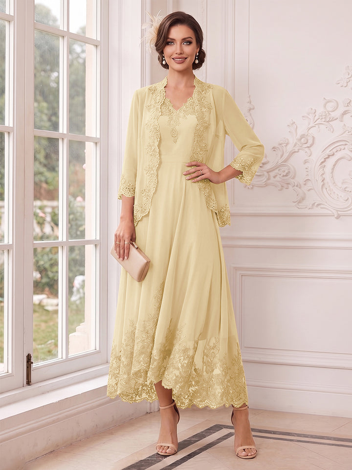 A-Line/Princess V-Neck 3/4 Sleeves Ankle-Length Mother of the Bride Dresses with Jacket &amp; Applique