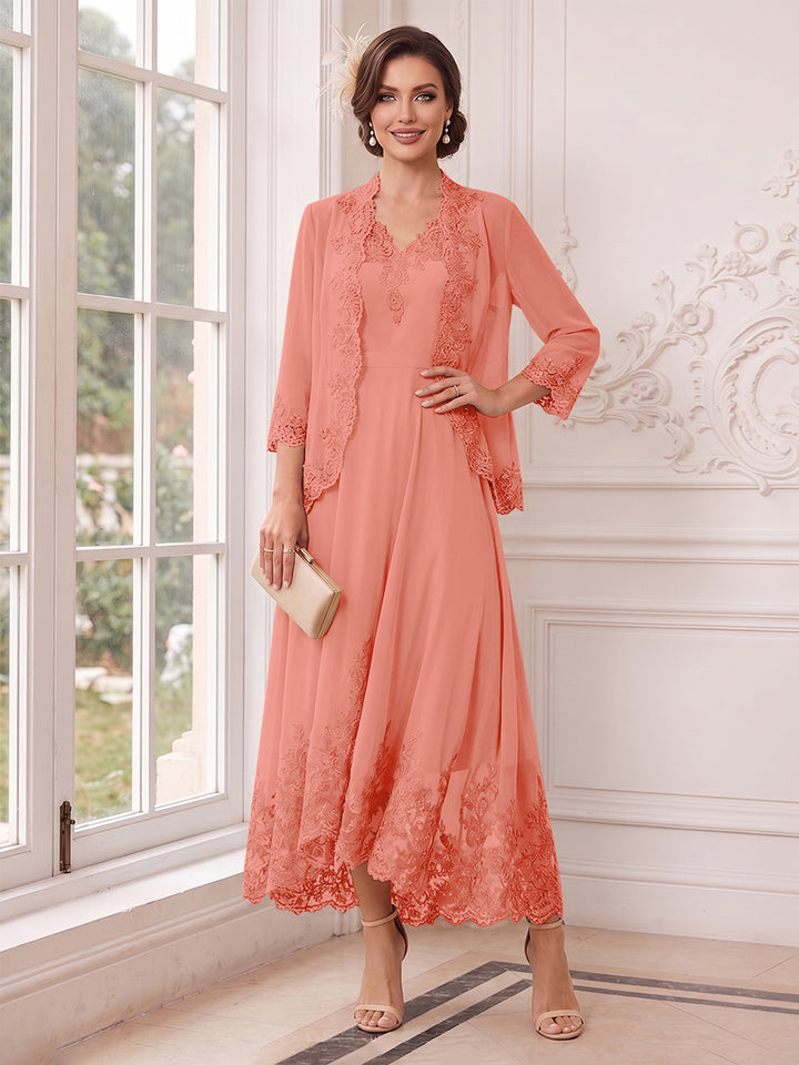 A-Line/Princess V-Neck 3/4 Sleeves Ankle-Length Mother of the Bride Dresses with Jacket &amp; Applique