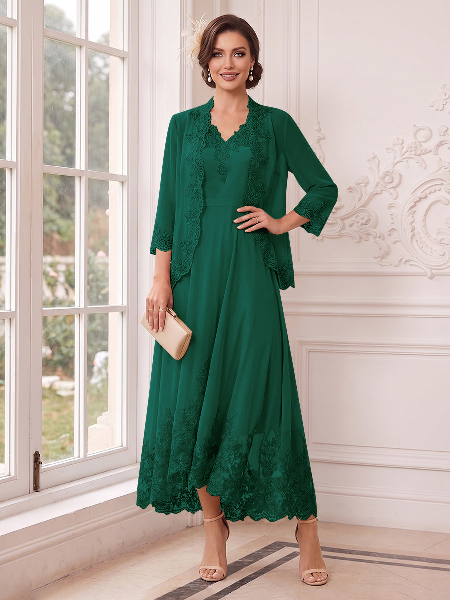 A-Line/Princess V-Neck 3/4 Sleeves Ankle-Length Mother of the Bride Dresses with Jacket &amp; Applique