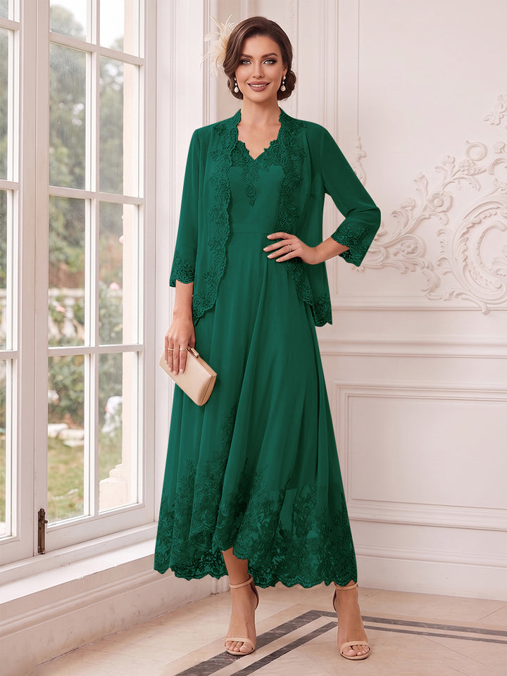 A-Line/Princess V-Neck 3/4 Sleeves Ankle-Length Mother of the Bride Dresses with Jacket &amp; Applique