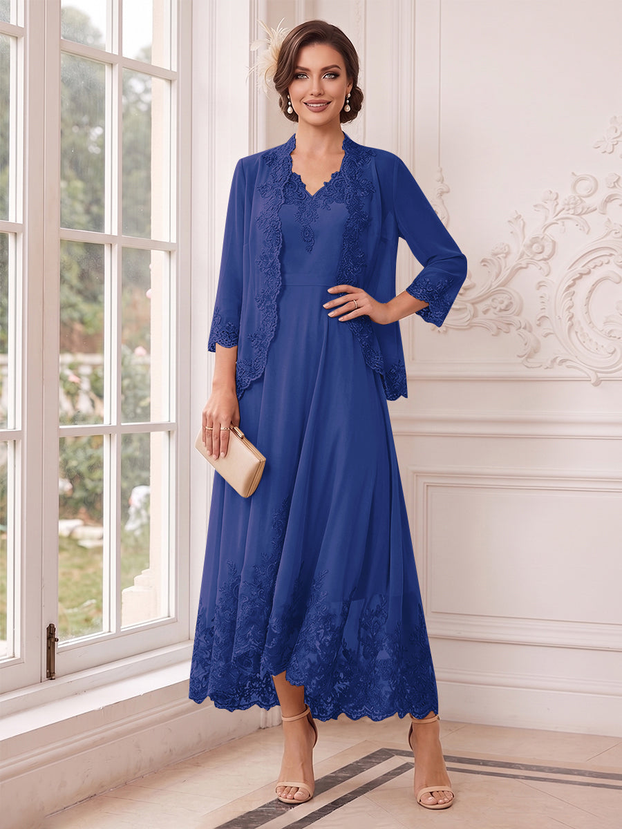 A-Line/Princess V-Neck 3/4 Sleeves Ankle-Length Mother of the Bride Dresses with Jacket &amp; Applique