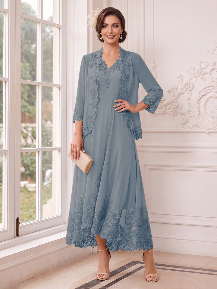 A-Line/Princess V-Neck 3/4 Sleeves Ankle-Length Mother of the Bride Dresses with Jacket &amp; Applique