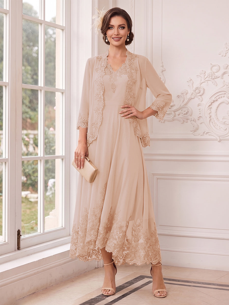 A-Line/Princess V-Neck 3/4 Sleeves Ankle-Length Mother of the Bride Dresses with Jacket &amp; Applique