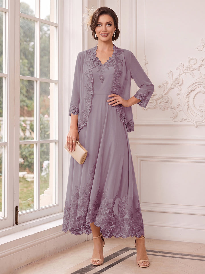 A-Line/Princess V-Neck 3/4 Sleeves Ankle-Length Mother of the Bride Dresses with Jacket &amp; Applique