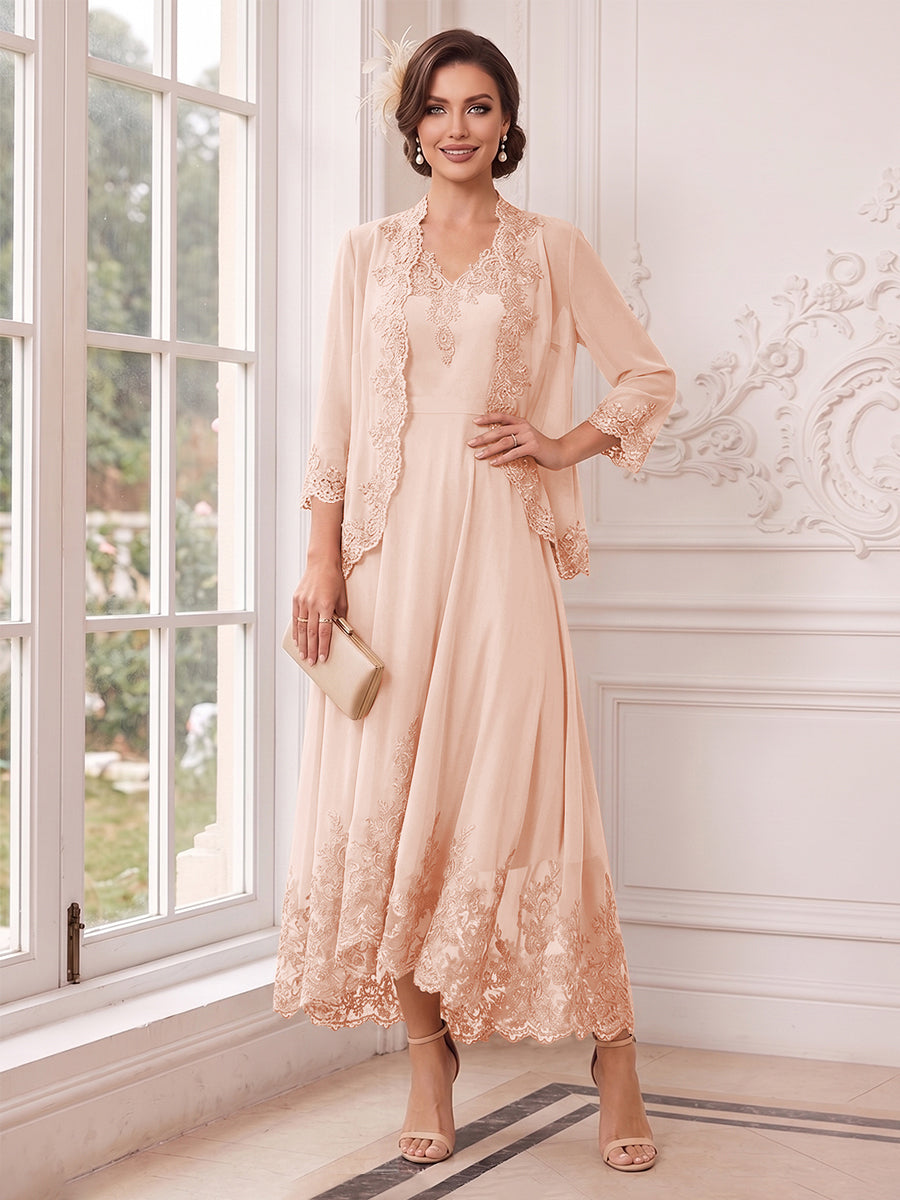 A-Line/Princess V-Neck 3/4 Sleeves Ankle-Length Mother of the Bride Dresses with Jacket &amp; Applique