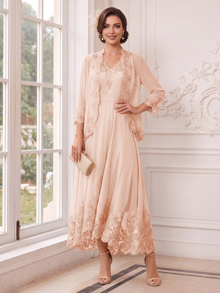A-Line/Princess V-Neck 3/4 Sleeves Ankle-Length Mother of the Bride Dresses with Jacket &amp; Applique
