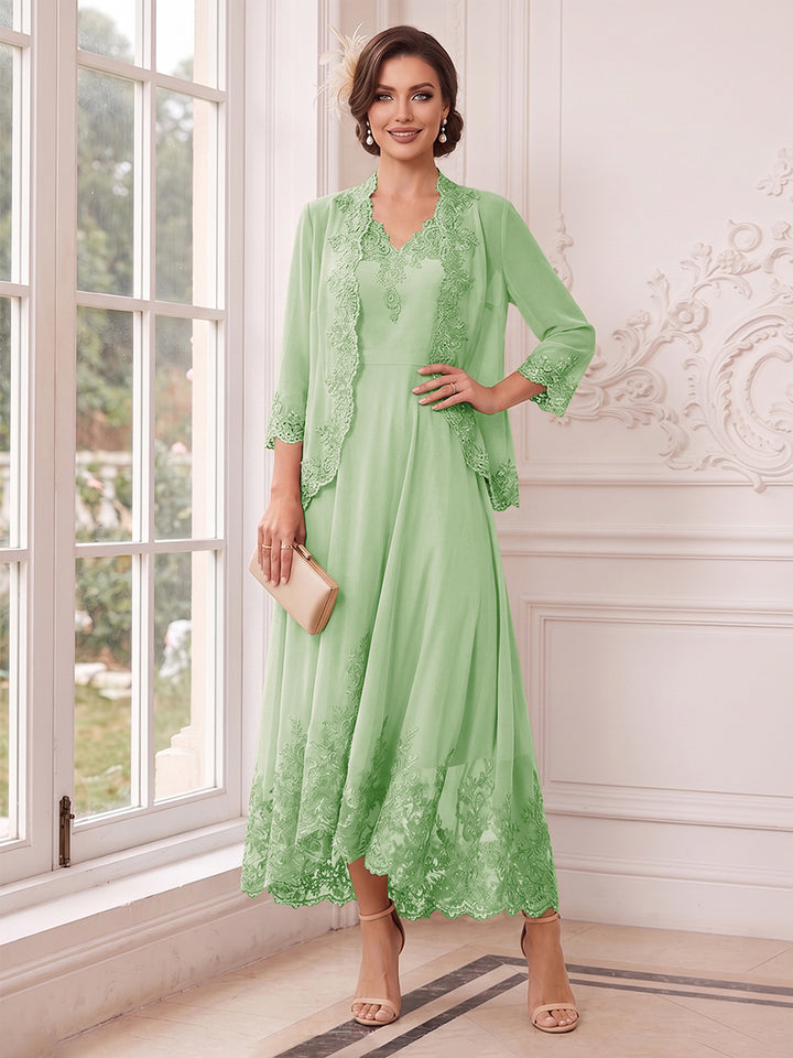A-Line/Princess V-Neck 3/4 Sleeves Ankle-Length Mother of the Bride Dresses with Jacket &amp; Applique