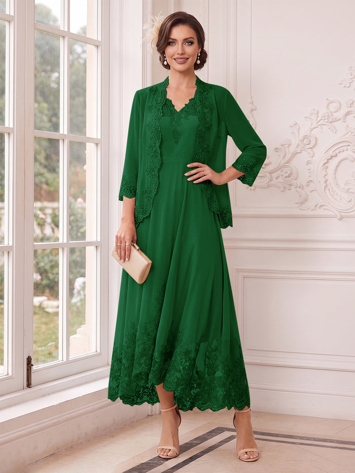 A-Line/Princess V-Neck 3/4 Sleeves Ankle-Length Mother of the Bride Dresses with Jacket &amp; Applique