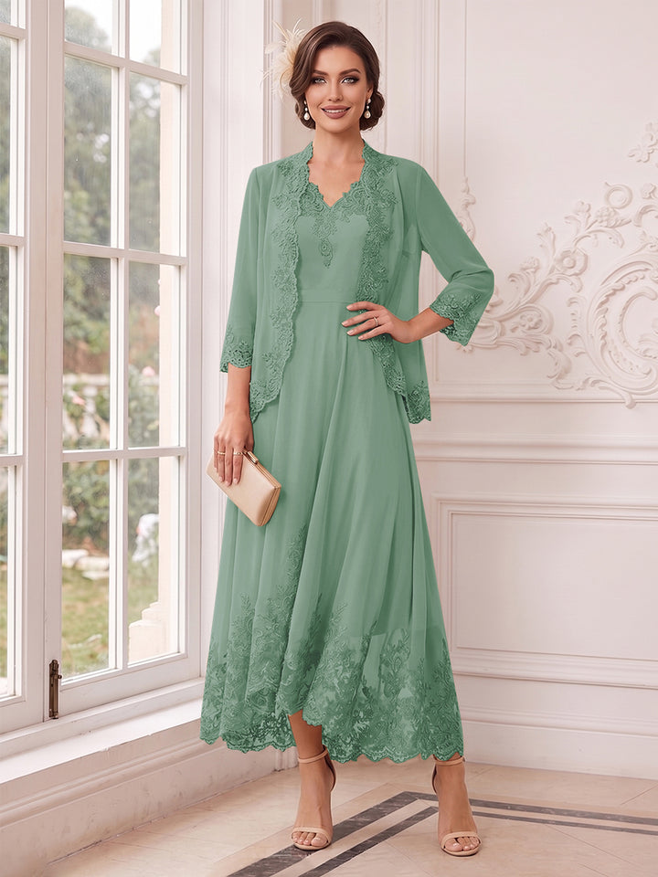 A-Line/Princess V-Neck 3/4 Sleeves Ankle-Length Mother of the Bride Dresses with Jacket &amp; Applique