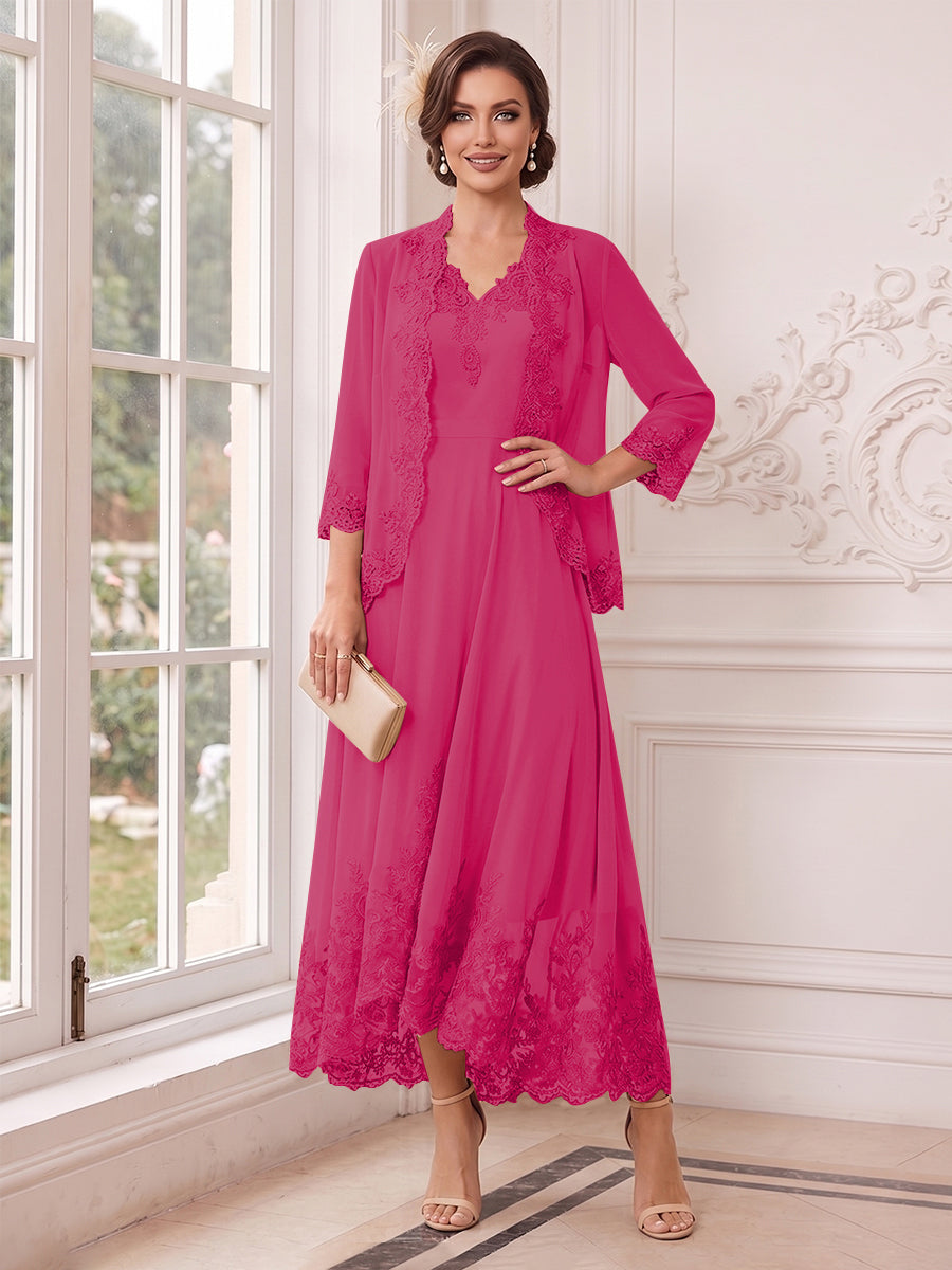A-Line/Princess V-Neck 3/4 Sleeves Ankle-Length Mother of the Bride Dresses with Jacket &amp; Applique