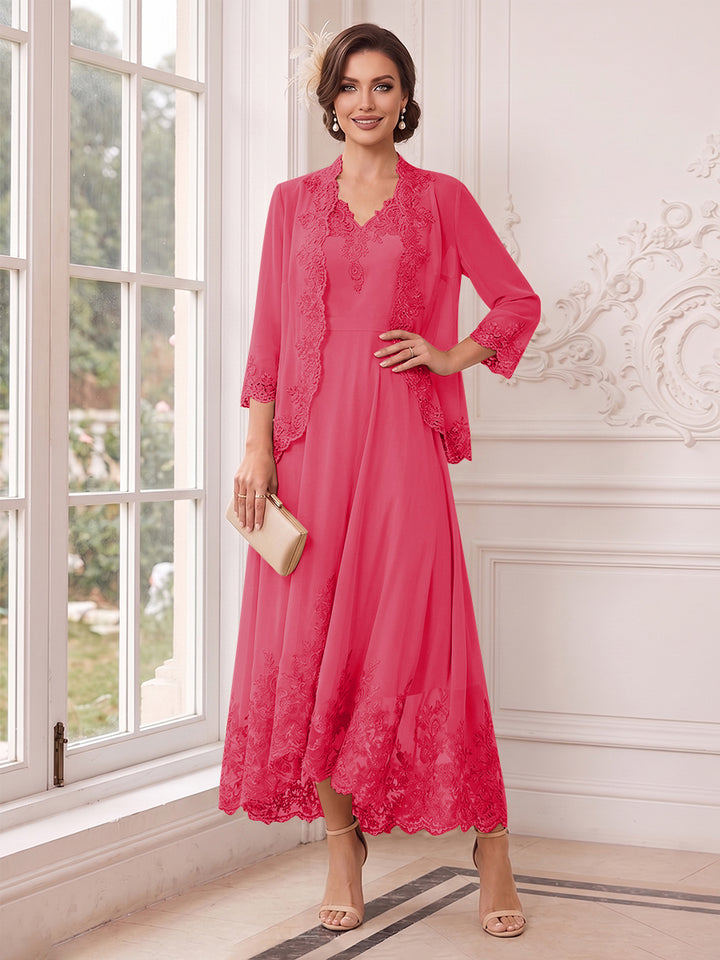 A-Line/Princess V-Neck 3/4 Sleeves Ankle-Length Mother of the Bride Dresses with Jacket &amp; Applique