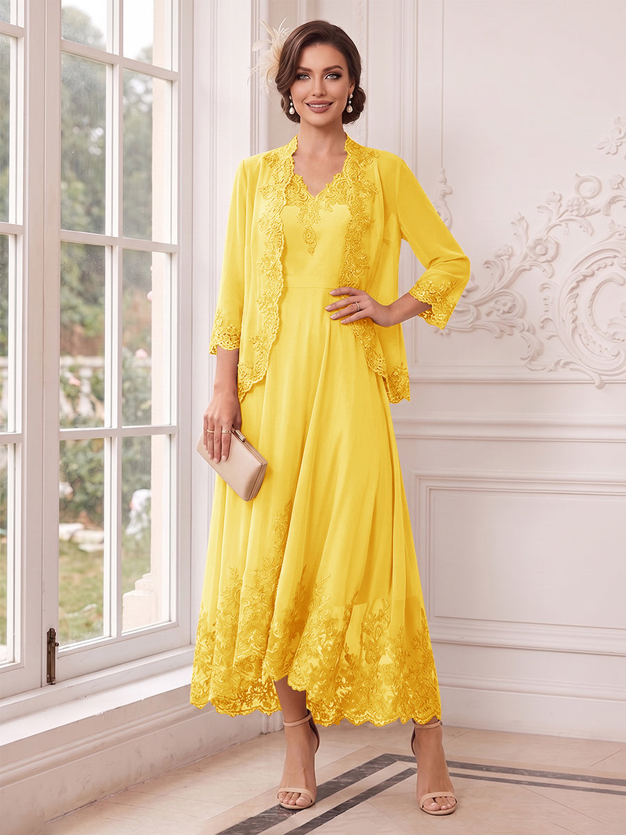 A-Line/Princess V-Neck 3/4 Sleeves Ankle-Length Mother of the Bride Dresses with Jacket &amp; Applique