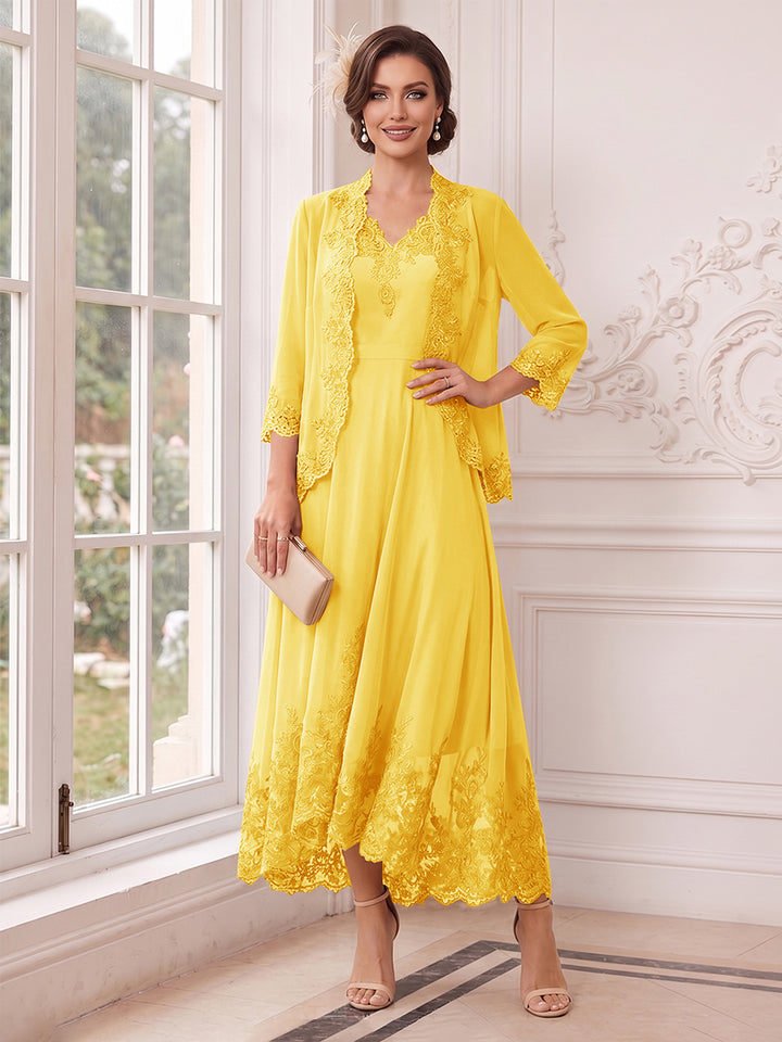 A-Line/Princess V-Neck 3/4 Sleeves Ankle-Length Mother of the Bride Dresses with Jacket &amp; Applique