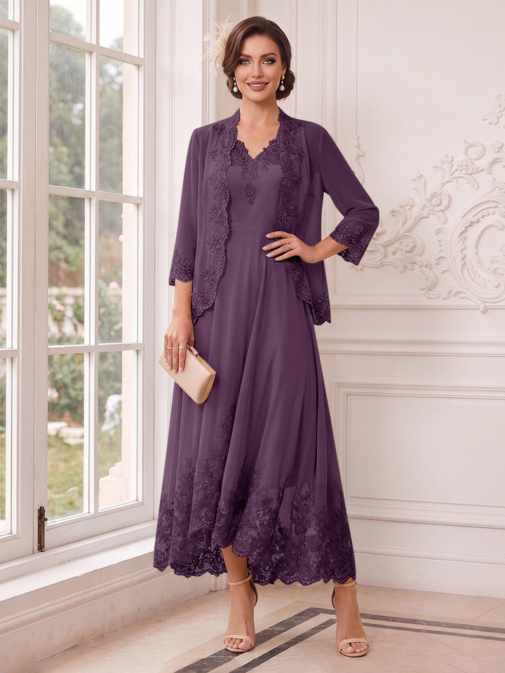 A-Line/Princess V-Neck 3/4 Sleeves Ankle-Length Mother of the Bride Dresses with Jacket &amp; Applique