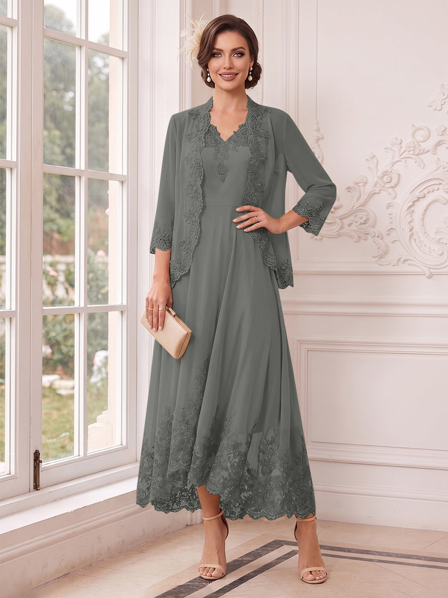 A-Line/Princess V-Neck 3/4 Sleeves Ankle-Length Mother of the Bride Dresses with Jacket &amp; Applique