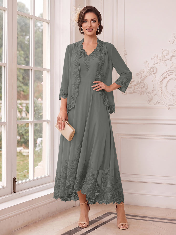 A-Line/Princess V-Neck 3/4 Sleeves Ankle-Length Mother of the Bride Dresses with Jacket &amp; Applique
